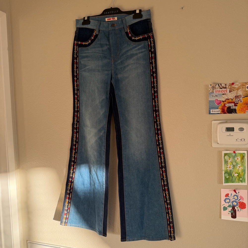 Johnny Was Contrast Wide Leg Jeans Aliya Embroidery Two Tone Size 27 NWT